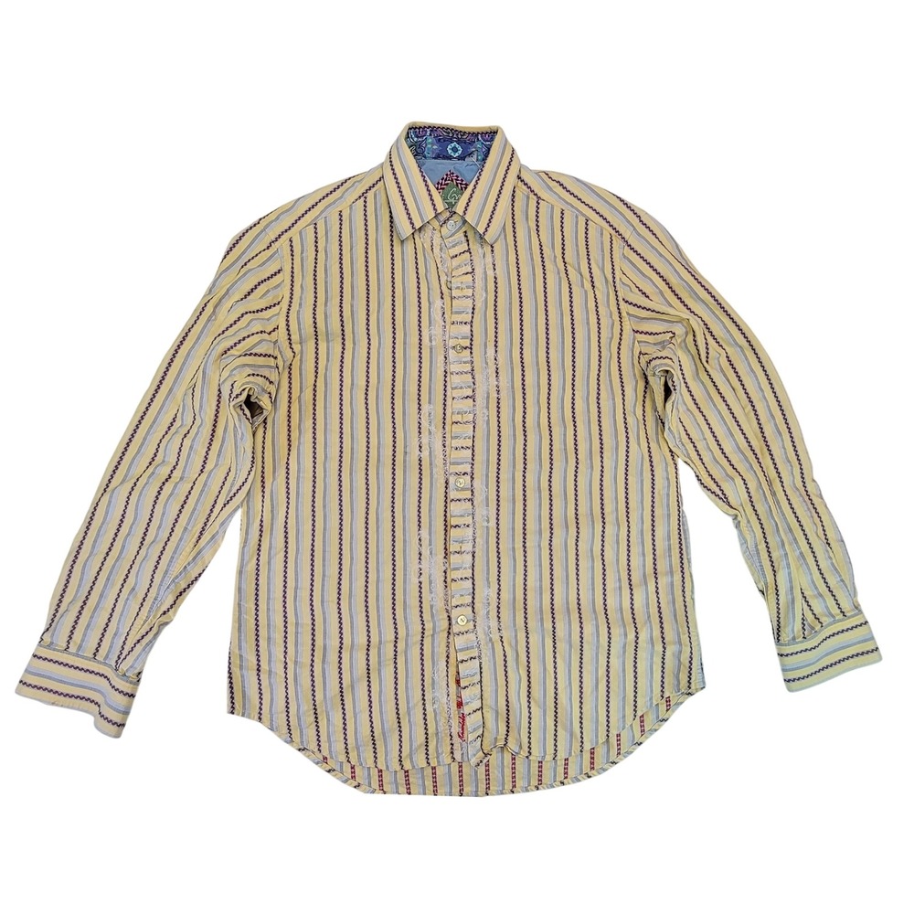Robert‎ Graham Men's Large Yellow Blue Stripe Button Down Shirt Designer